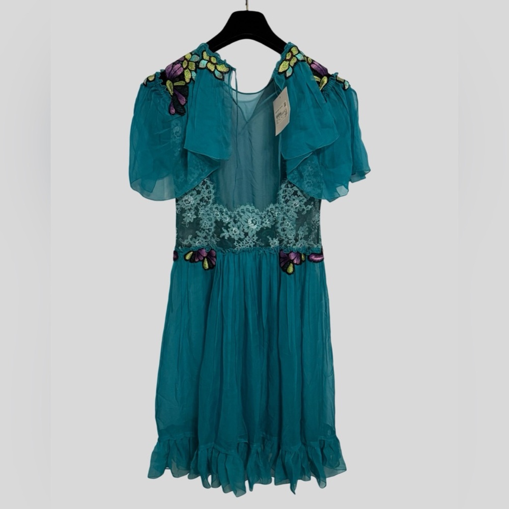 Alberta Ferretti Teal Lace & Embroidered Chiffon Dress — Size 2 / IT 38 - Picture 2 of 10